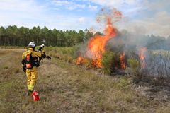 Kaksi pelastushenkilöä keltaisissa suojapuvuissa osallistuu hallittuun polttoharjoitukseen.