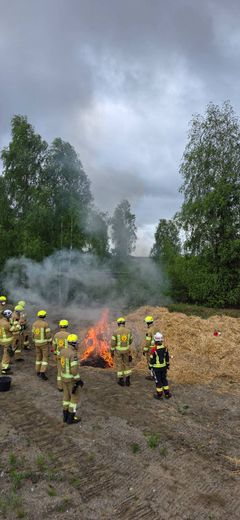 Paloasuun pukeutuneita henkilöitä sammuttamassa pientä tulipaloa ulkona, taustalla metsää ja pilvinen taivas.