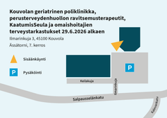 Kartta Kouvolan geriatrisen poliklinikan sijainnista. Näkyy rakennus, pysäköintialue, sisäänkäynti sekä lähikadut Keilakuja, Ilmarinkuja ja Salpausselänkatu.