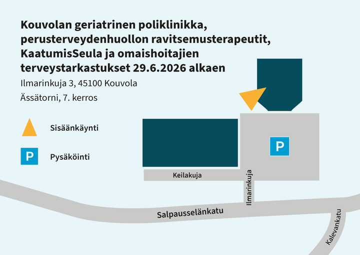 Kartta Kouvolan geriatrisen poliklinikan sijainnista. Näkyy rakennus, pysäköintialue, sisäänkäynti sekä lähikadut Keilakuja, Ilmarinkuja ja Salpausselänkatu.
