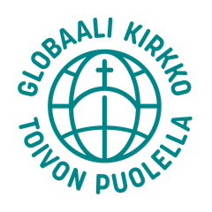Maapallo, jonka keskellä on risti ja ympärillä teksti "Globaali kirkko toivon puolella"