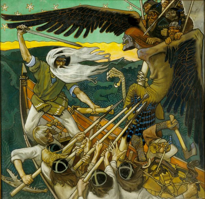 Maalaus, joka kuvaa Väinämöistä ja Louhea sotajoukkoineen. Väinämöinen on nostanut miekan ja hänen miehensä ovat kohdistaneet keihäät Louhea ja hänen joukkojaan päin. Kohtaus tapahtuu veneessä.