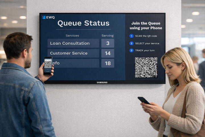 A Samsung display shows EWQ SuperQueue queue status and a QR code while customers use their phones to join the queue.