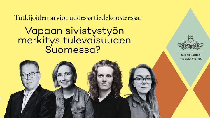 Neljän tutkijan valokuvat keltaisella taustalla