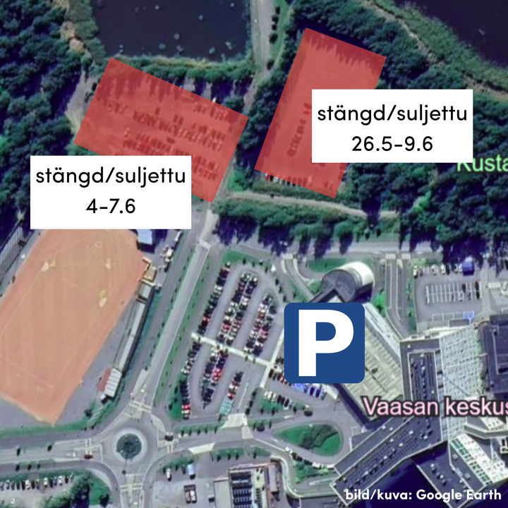 Den gamla strandplanen är stängd 26.5–9.6.2026. Parkeringsområdet bakom bobollstadion stängs på eftermiddagen den 4 juni och öppnas igen på söndag kväll den 7 juni.