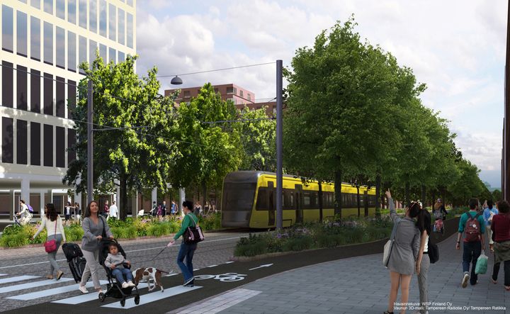 Havainnekuva, jossa raitiovaunu kulkee Herttuankulmassa.