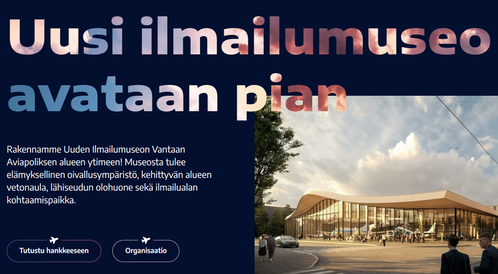 Kuva Uusi Ilmailumuseo -hankesivuston etusivulta.