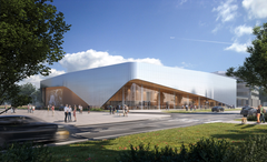 Havainnekuva modernista rakennuksesta, jonka julkisivussa on alumiinia, lasia ja puuta. Rakennuksen muotoilu jäljittelee ilma-alusten liikkeitä kohoavilla ja laskevilla muodoilla.