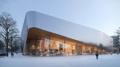 Havainnekuva museorakennuksen modernista pääjulkisivusta, joka koostuu kaarevasta arkkitehtuurista.