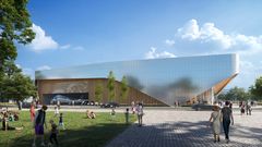 Arkkitehtoninen rakennus nykyaikaisessa puistossa, jossa ihmisiä kävelemässä ja istumassa nurmikolla.