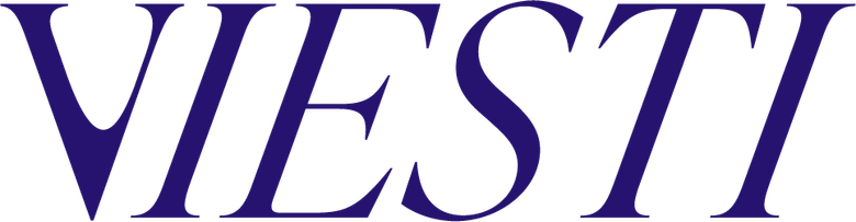 Viesti ry:n logo, jossa sana Viesti on kirjoitettu isoilla kirjaimilla ja kursiivilla tummansinisellä värillä.