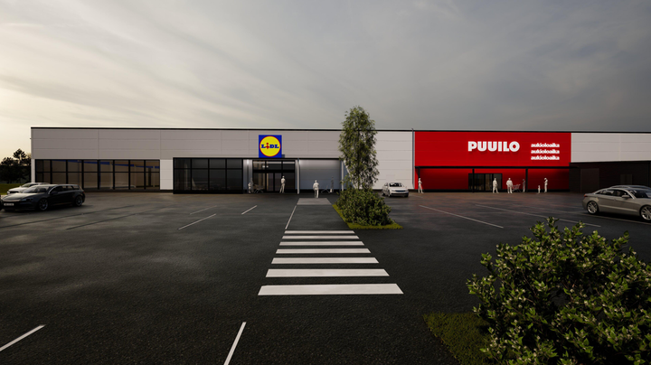 Tekova rakentaa uuden liikerakennuksen Kurikkaan. Puuilo ja Lidl avaavat uudet myymälänsä tiloihin. Havainnekuva.