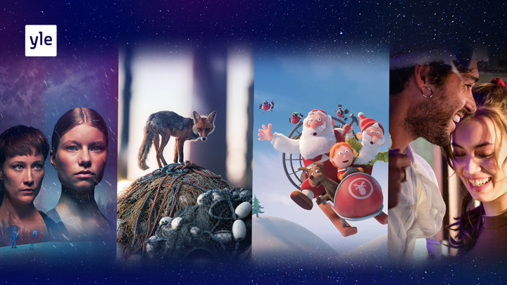 Juhlakauden 2025 -tiedotteen pääkuva, ohjelmat Kylmä kausi, Hämärä luonto, Korvatunturin joululoma ja Ciao rakas!