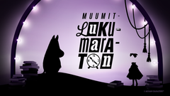 Kuva muumiteemaisesta lukumaratonista, jossa Muumipeikko ja Ninni seisovat varjoina pinottujen kirjojen edessä. Taustalla violetti kaari ja hehkulamppuja.