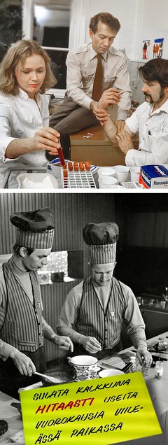 Kaksi kuvaa. Ylemmässä kuvassa kaksi henkilöä tekee laboratoriokokeita. Alemmassa kuvassa kaksi kokkia valmistaa ruokaa keittiössä.