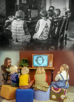 Yläosassa mustavalkoinen kuva lapsista kuuntelemassa radiota vuonna 1929. Alaosassa värikuva lapsista katsomassa televisiota vuonna 1980.