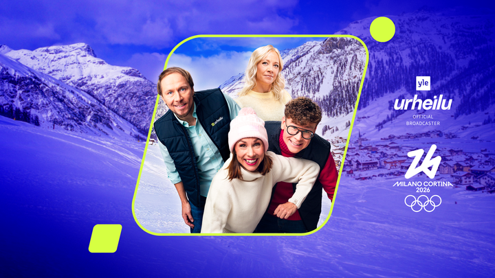 Ylen tiimi on valmiina talviolympialaisiin. Kuvassa Jussi Jokinen, Kaisa Mäkäräinen, Petra Manner ja Riku Salminen