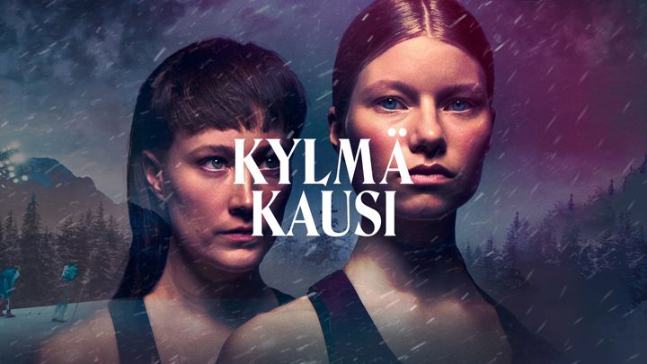 Kylmä kausi -sarjan päähenkilöt lähikuvassa ja sarjan graafinen ilme.