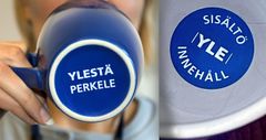 Sininen muki, jossa lukee "Ylestä Perkele" ja pohjassa "Sisältö YLE Innehåll".