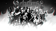 Yhdeksän piirrettyä black metal -hahmoa ja kolmipäinen koira seisovat yhdessä, taustalla teksti "Belzebubs".