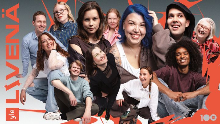 Kollaasi eri-ikäisistä esiintyjistä, reunoilla oranssit grafiikat ja teksti Yle livenä ja Yle 100 -logo.