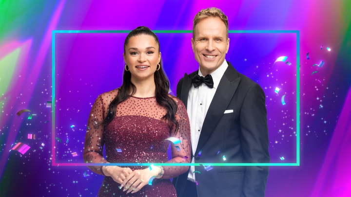 Melina%20M%E4kel%E4%20ja%20Mikko%20Kek%E4l%E4inen%20juhlapukeissa%2C%20taustalla%20v%E4rik%E4s%20konfettikuvitus.