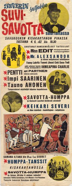 Vanha värikäs juliste, jossa mainostetaan "Severin sutjakka suvisavotta" -tapahtumaa Savukoskella vuonna 1963.