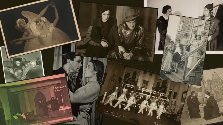 Vanhoja teatteri- ja tanssivalokuvia kollaasimaisesti lomittain.