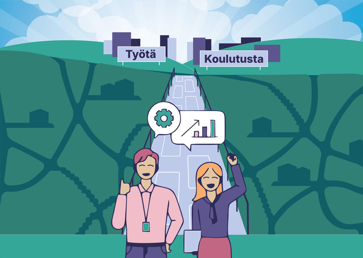 Kaksi henkilöä seisoo tiellä, joka johtaa kyltteihin "Työtä" ja "Koulutusta".