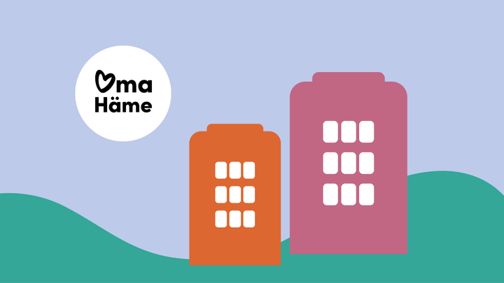 Graafinen kuva, jossa on kaksi värikästä rakennusta ja Oma Häme -logo vasemmalla.