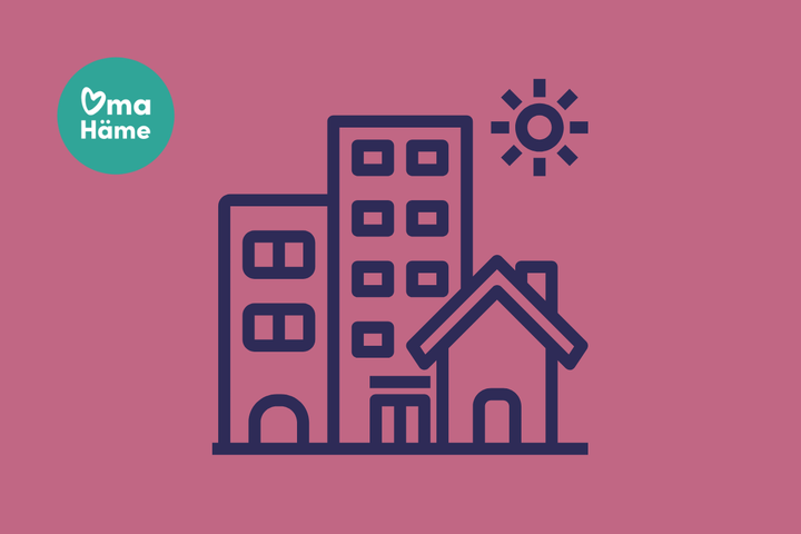 Ikonikuva, jossa on kerrostalo, omakotitalo ja aurinko. Vasemmassa yläkulmassa lukee "Oma Häme".