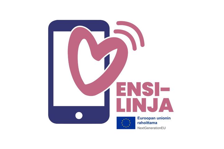 Logo, jossa on sininen älypuhelin ja vaaleanpunainen sydän sen näytöllä. Teksti "ENSI-LINJA". Alareunassa Euroopan unionin rahoituksen tunnus.