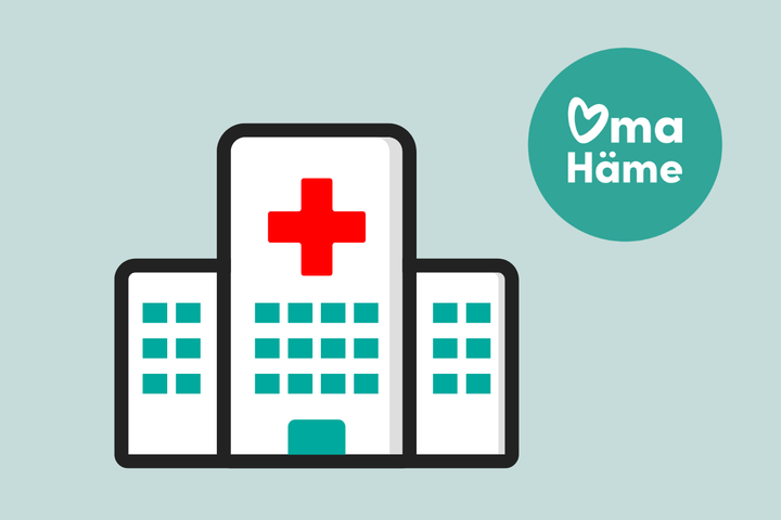 Ikoni, joka esittää sairaalaa punaisella ristillä, ja Oma Häme -logo oikealla.