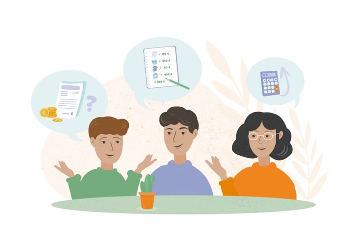 Kolme piirroshahmoa istuu pöydän ääressä. Heillä on yläpuolellaan puhekuplia, joissa on laskuja, tarkistuslista ja laskin.
