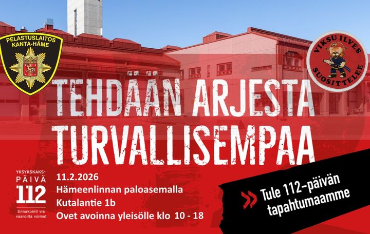 112-päivän mainos, taustalla kuva Hämeenlinnan paloasemasta