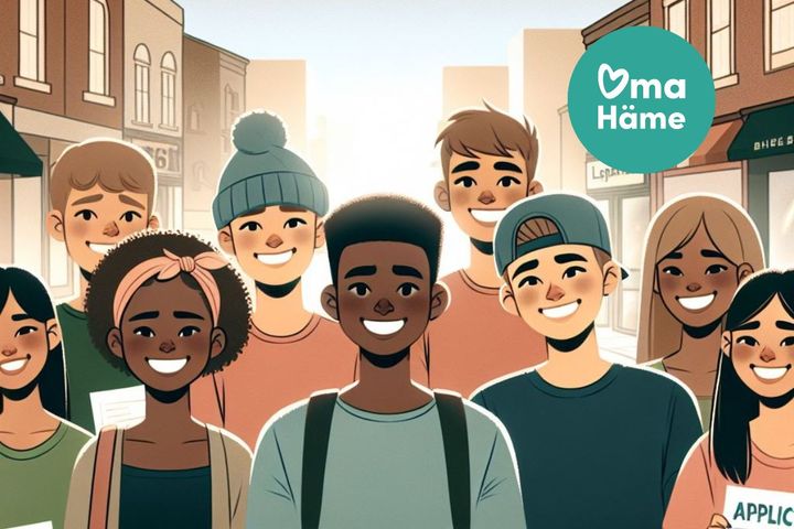 Kuva esittää iloisesti hymyilevää ryhmää nuoria seisomassa katumaisemassa.