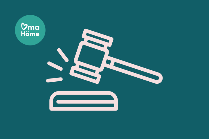 Valkoinen piirretty tuomarin nuija turkoosilla taustalla. Vasemmassa yläkulmassa Oma Häme -logo.
