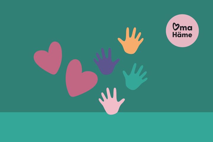 Värikkäitä käsiä ja sydämiä vihreällä taustalla, oikeassa yläkulmassa "Oma Häme" -logo.