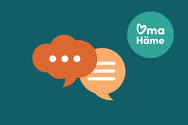 Pilvimuotoisia puhekuplia oranssin ja beigen sävyissä tummanvihreällä taustalla. Yläoikealla vihreä ympyrä, jossa lukee "Oma Häme".