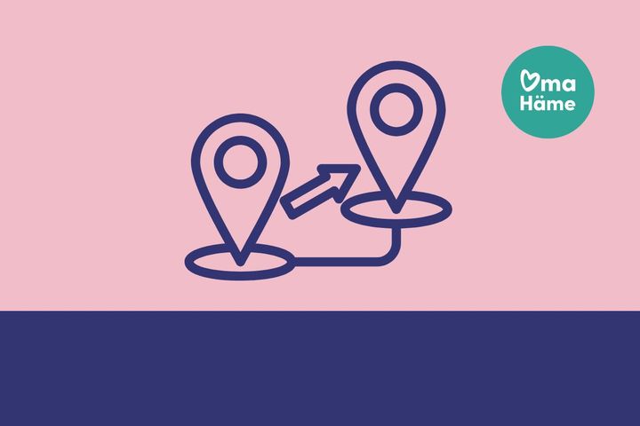 Kuvassa on kaksi paikannusikonia, joiden välillä on yhteysviiva ja nuoli. Vasemmassa yläkulmassa lukee "oma Häme" vihreällä pohjalla. Tausta on pinkki ja sininen.