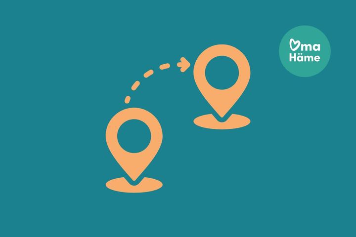 Kaksi oranssia sijaintikuvaketta turkoosilla taustalla, niiden välillä katkoviivanuoli. Oikeassa yläkulmassa lukee "Oma Häme".