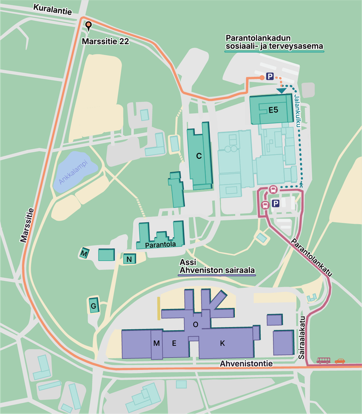 Karttakuva%2C%20jolla%20ohjataan%20autolla%20saapuvia%20asiakkaita%20Parantolakadun%20sote-asemalle.