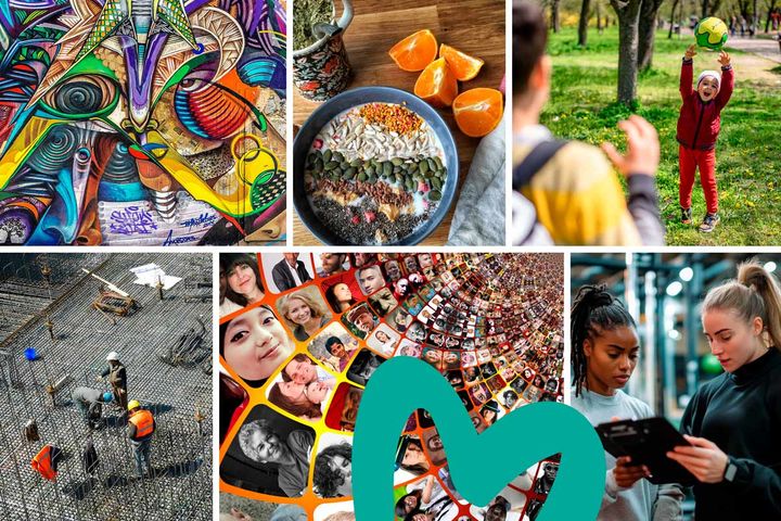 Kollaasi erilaisista kuvista: värikäs abstrakti taideteos, kulho terveellistä ruokaa, lapsi heittämässä palloa ulkona, rakentajia työmaalla, yhteisöllisiä valokuvia ja kaksi henkilöä katsomassa tablettia.