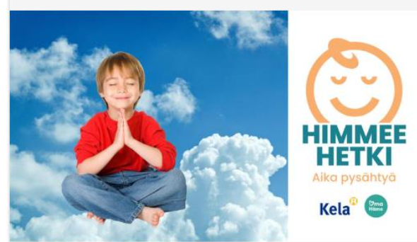 Himmee hetki -kampanjan mainoskuva, jossa poika istuu pilven päällä lootusasennossa.