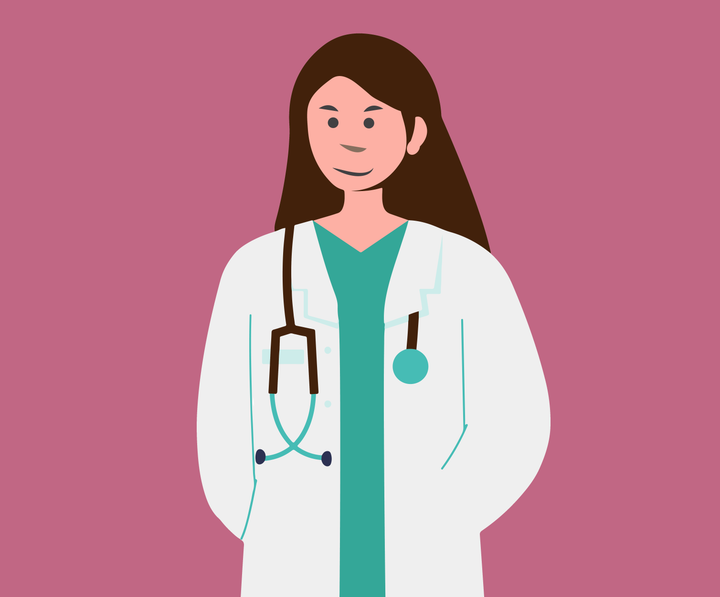 Piirroskuva lääkäristä vaaleanpunaisella taustalla, päällään valkoinen takki ja stetoskooppi.