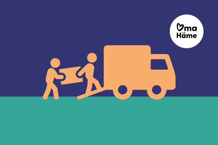 Kaksi piirroshahmoa kantaa laatikkoa kuorma-autoon. Oikeassa yläkulmassa Oma Häme -logo.