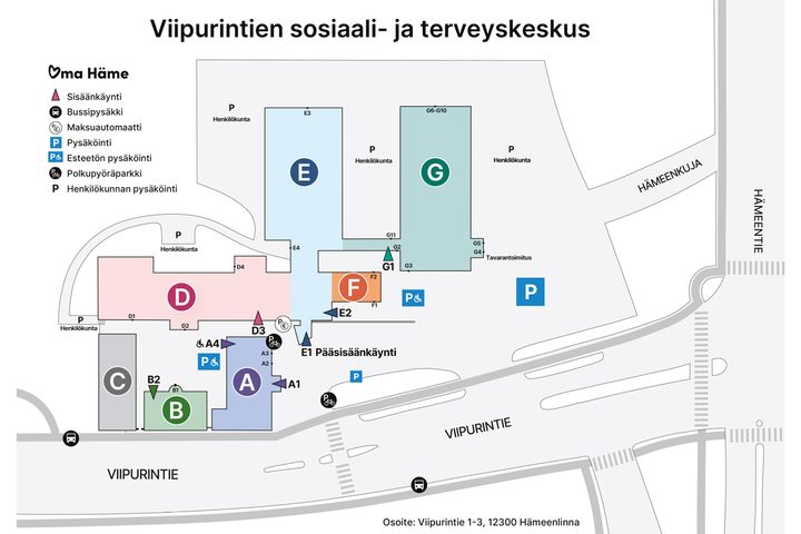Kartta%20Viipurintien%20sosiaali-%20ja%20terveyskeskuksesta%20H%E4meenlinnassa.%20N%E4ytt%E4%E4%20eri%20rakennusten%20sijainnit%20%28A-G%29%2C%20sis%E4%E4nk%E4ynnit%2C%20pys%E4k%F6intialueet%2C%20bussipys%E4kit%20ja%20Esteet%F6n%20pys%E4k%F6intialue.%20Jokaisella%20rakennuksella%20on%20oma%20kirjainkoodi.
