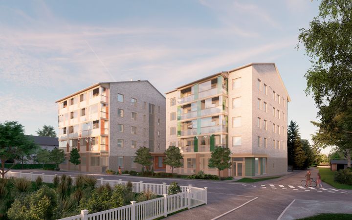 Havainnekuva As Oy Hiekkaharjun Huipusta. Talojen suunnittelusta on vastannut Arkkitehtipalvelu Oy.