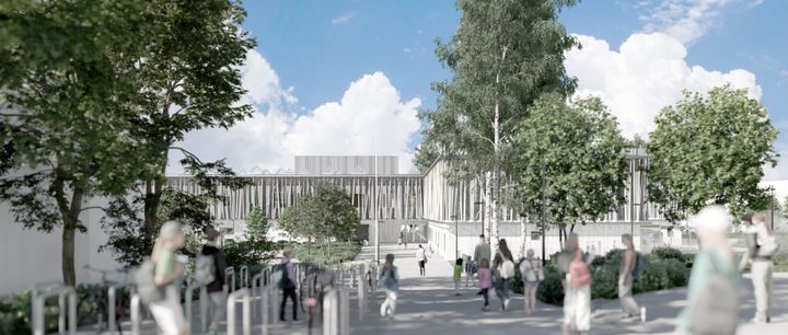 Uusi kaksikerroksinen koulu nousee vehreälle pientaloalueelle Vartiokylässä. Havainnekuva Vartiokylän uudesta koulusta.