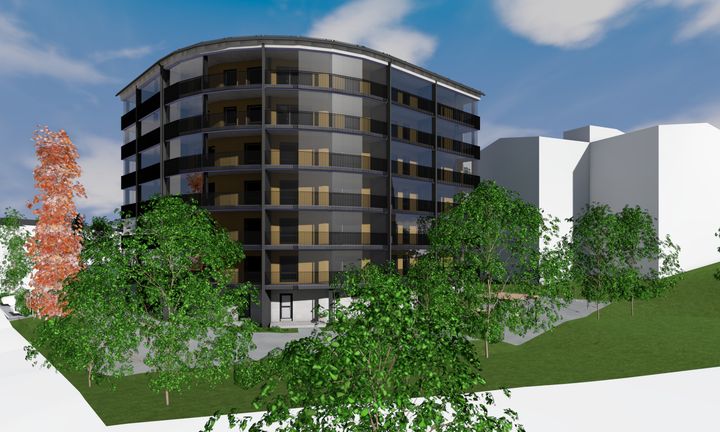 Havainnekuva uudesta TVT:n vuokrakohteesta, joka sijaitsee osoitteessa Saarenmaankatu 10. Rakennus on parvekejulkisivultaan pyöreän muotoinen, ja se poikkeaa lähialueen taloista modernilla ilmeellään.